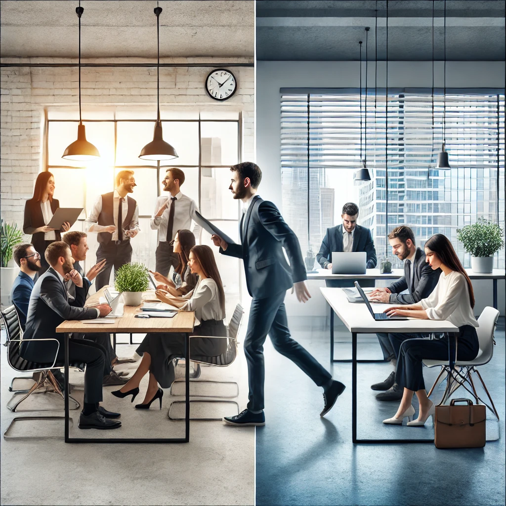 image of an ambivert seamlessly transitioning between collaborative and independent tasks, symbolizing adaptability in the workplace