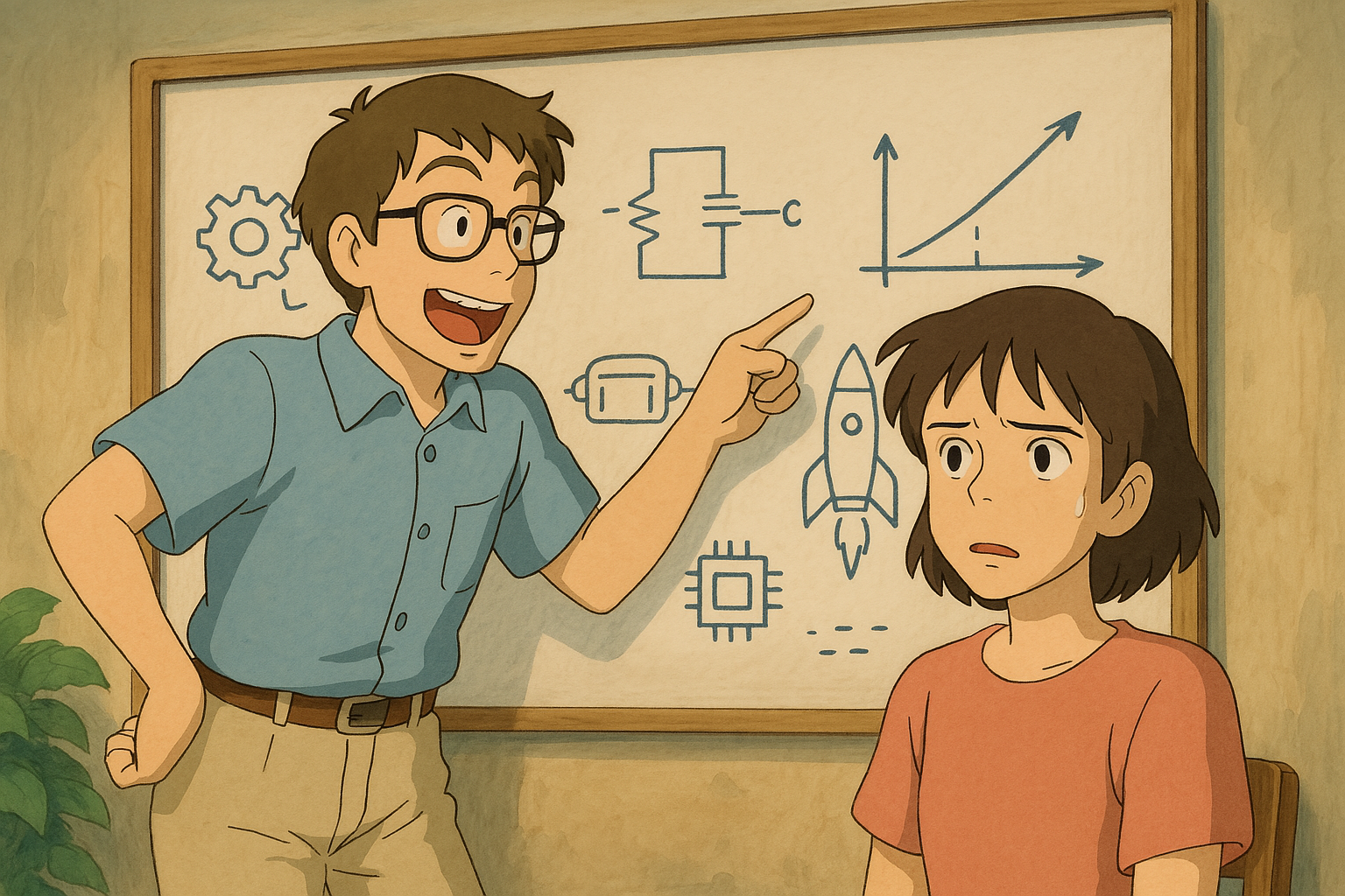 Why are engineers weird? The image shows a socially awkward engineer enthusiastically engaging in a technical explanation with detailed diagrams to a bewildered listener