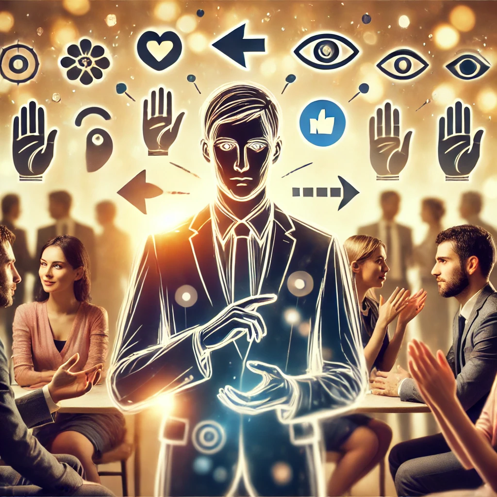 an image representing the main ideas about body language, capturing subtle nonverbal cues like open posture, eye contact, and expressive hand gestures that reflect confidence and approachability in social interactions.