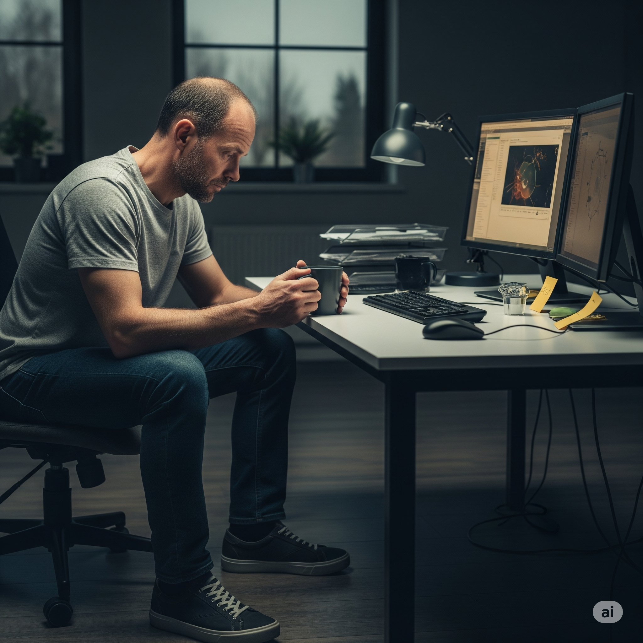 an image of an engineer looking isolated and sad in front of a computer