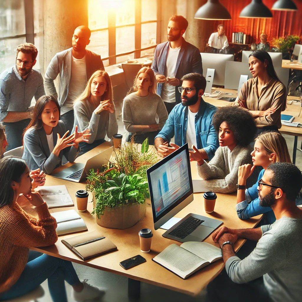image of a diverse group of professionals collaborating around a table with a screen in a modern office setting