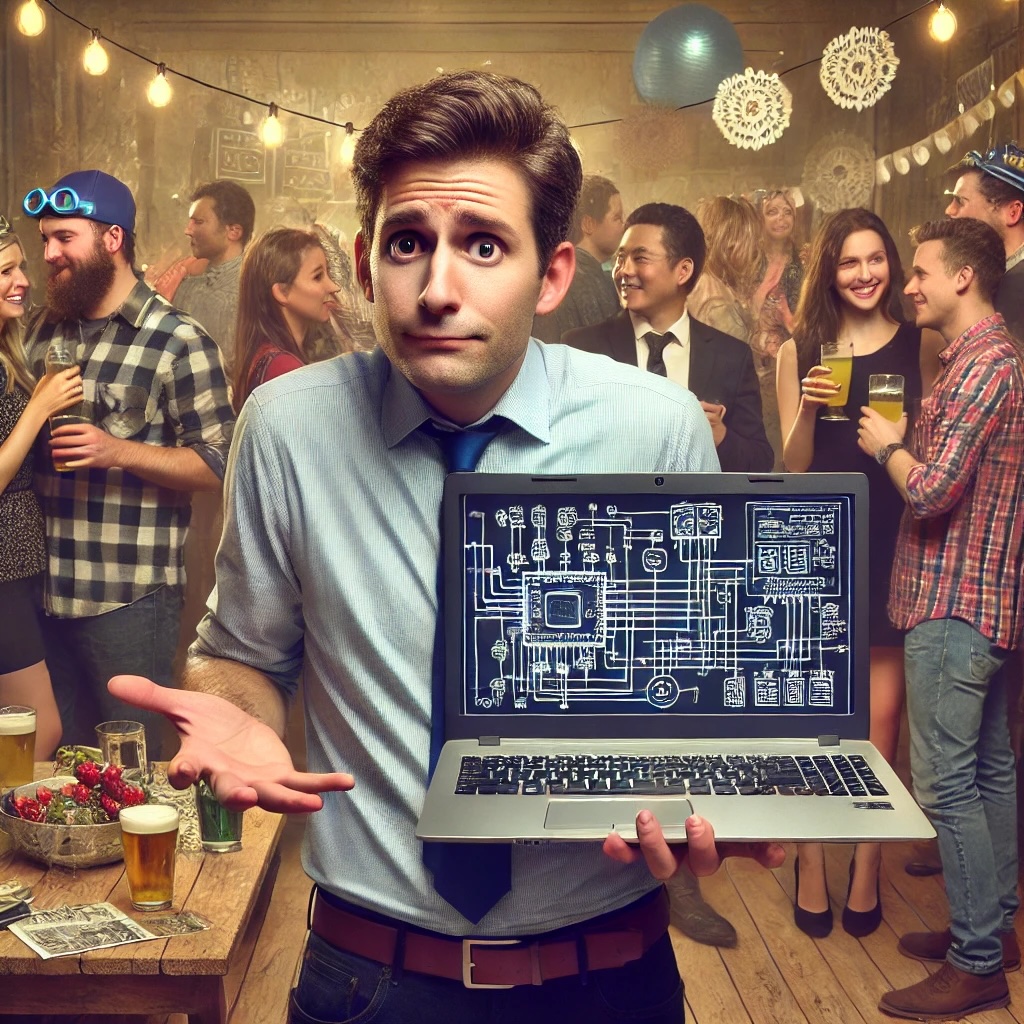 A lively illustration featuring a group of engineers at a casual social gathering. They're engaged in animated conversations, with smiles and laughter all around. One engineer enthusiastically gestures while explaining a complex equation on their computer.