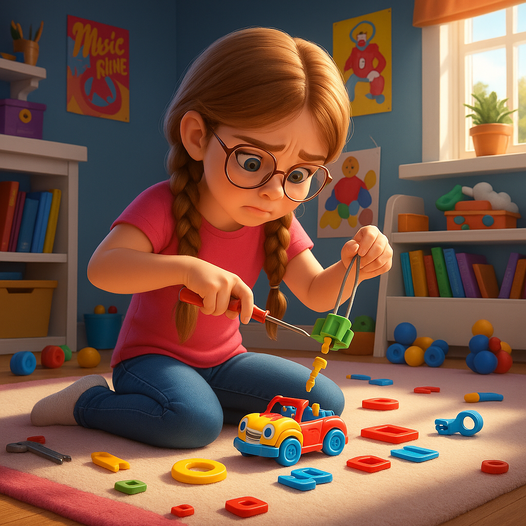 an image of a smart child taking apart a toy to understand how it works