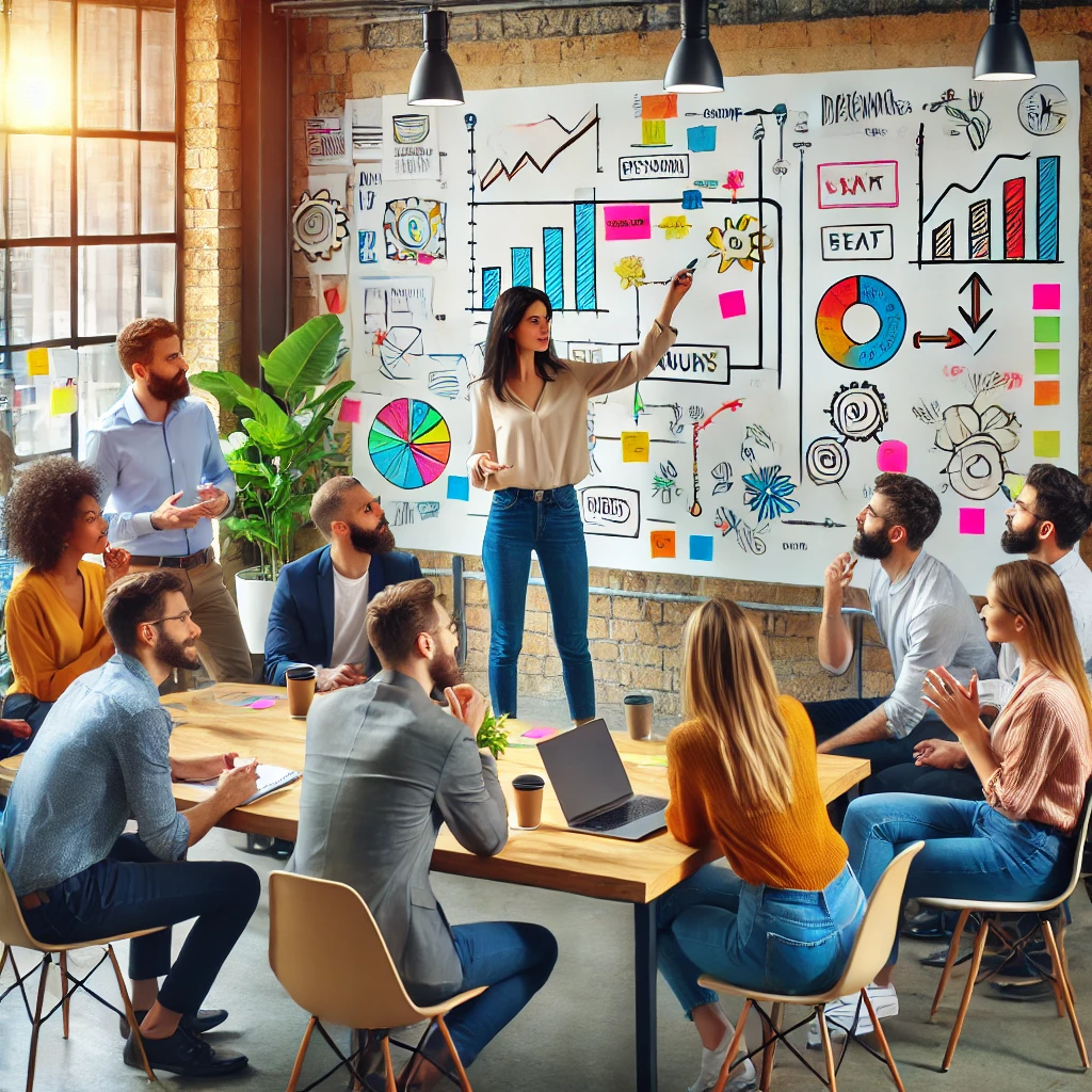 a dynamic team brainstorming session showcasing collaboration and extroverts thriving in a group setting