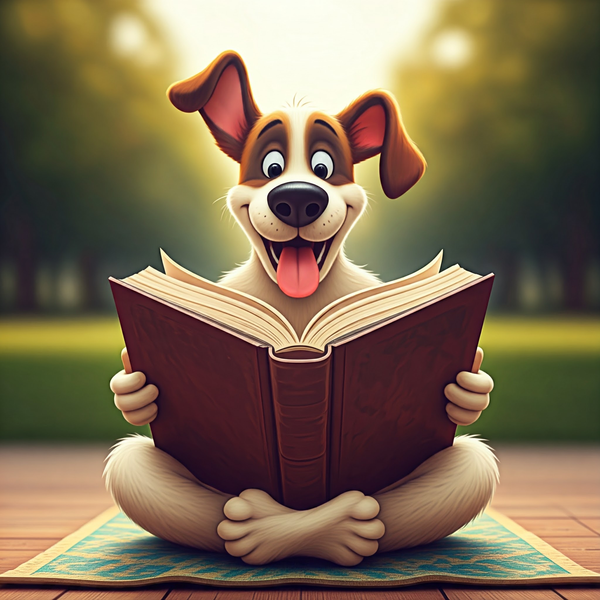 A dog happily reading a book