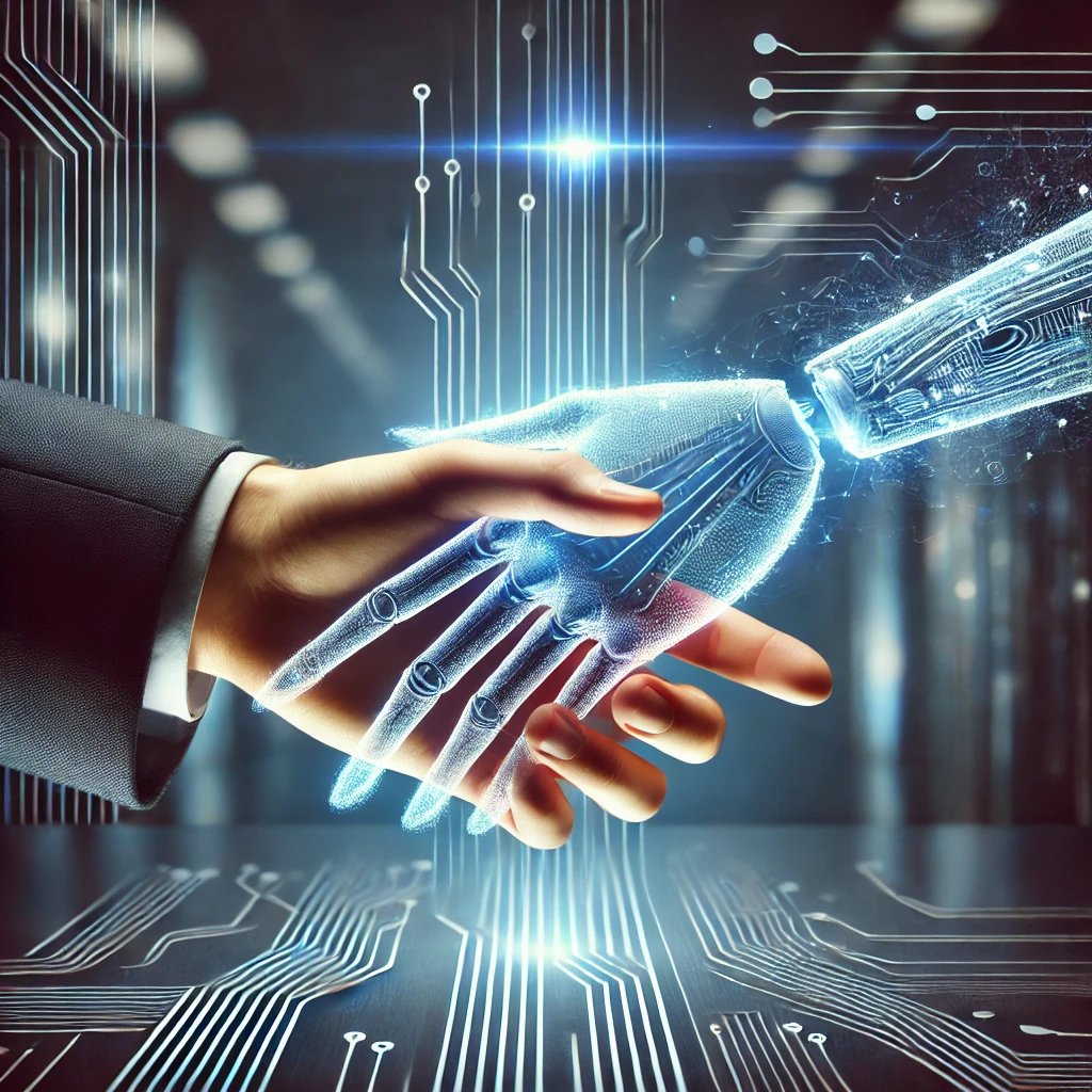 tech and human connection showing a handshake or collaboration between a human and a digital interface. engineers can improve their social skills using generative AI like ChatGPT