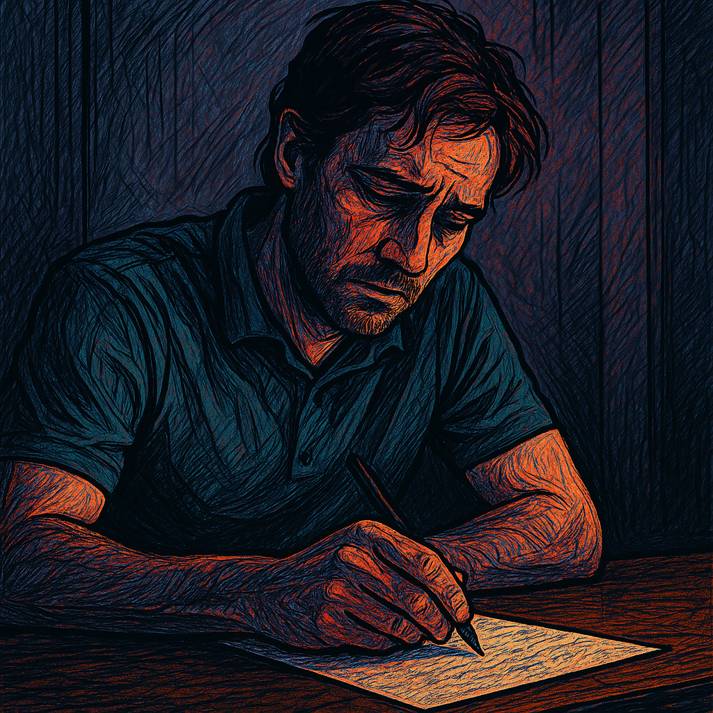 A somber man channeling his grief into a letter