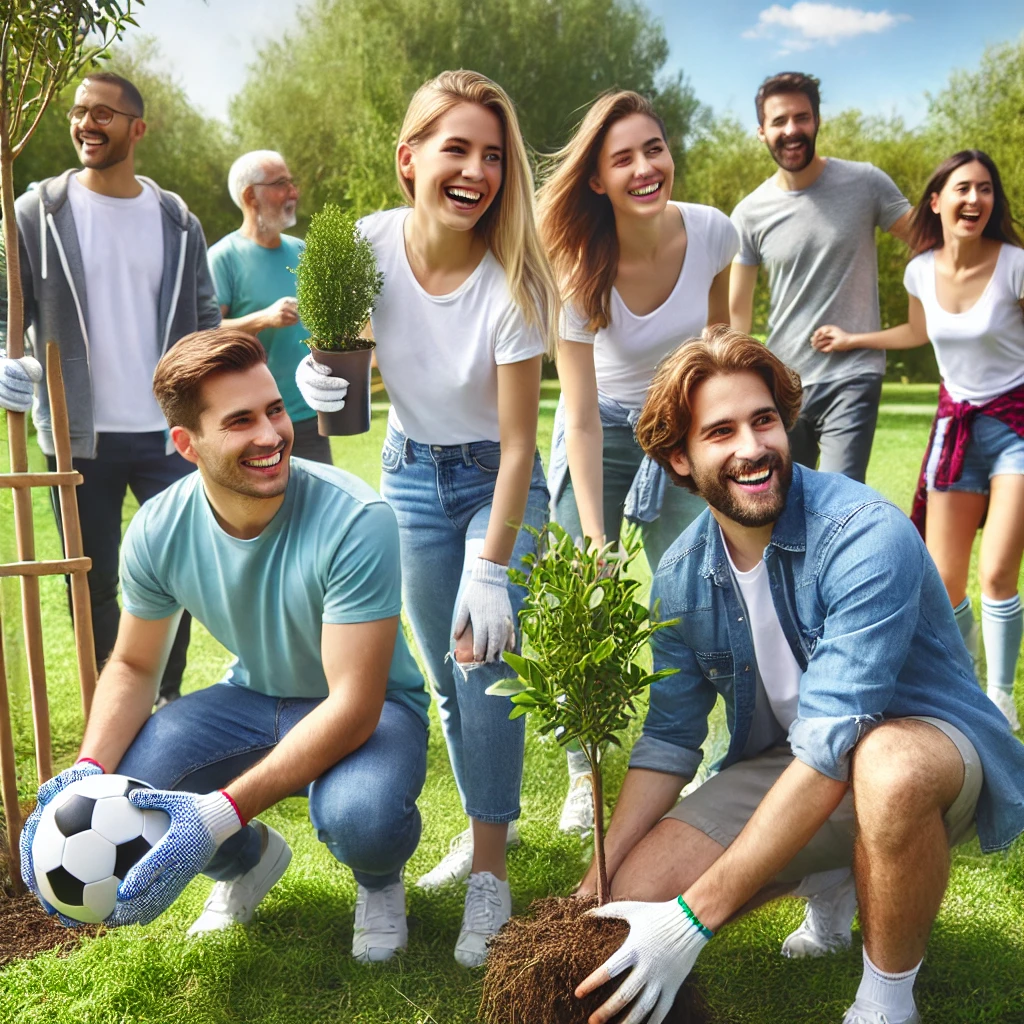 image showcasing a group of adults engaged in a collaborative team activity, symbolizing the value of teamwork and community involvement