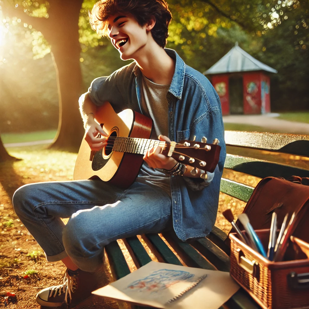 image depicting a teen joyfully engaged in their hobby, playing an acoustic guitar in a serene outdoor setting, symbolizing authenticity and individuality