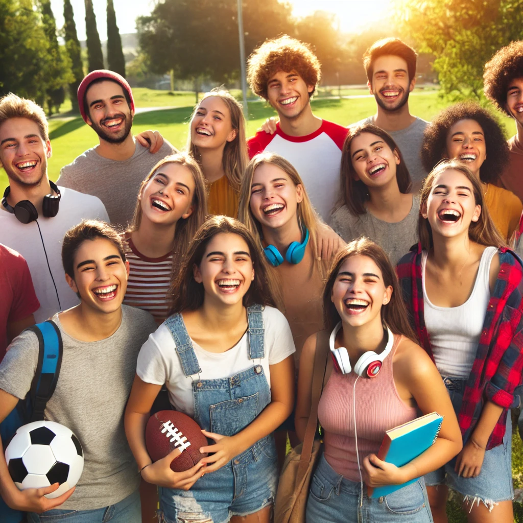 a diverse group of smiling teens enjoying their time together outdoors, reflecting inclusivity and the importance of diverse friendships