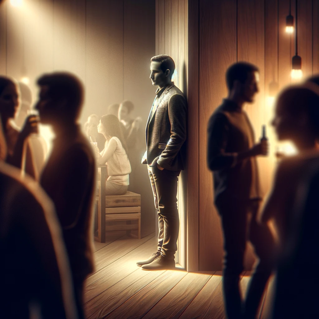 An image capturing the essence of a wallflower in a social scene. The person is shown in quiet reflection, blending subtly into the background while observing others from a distance, with soft lighting enhancing the gentle, introspective tone.