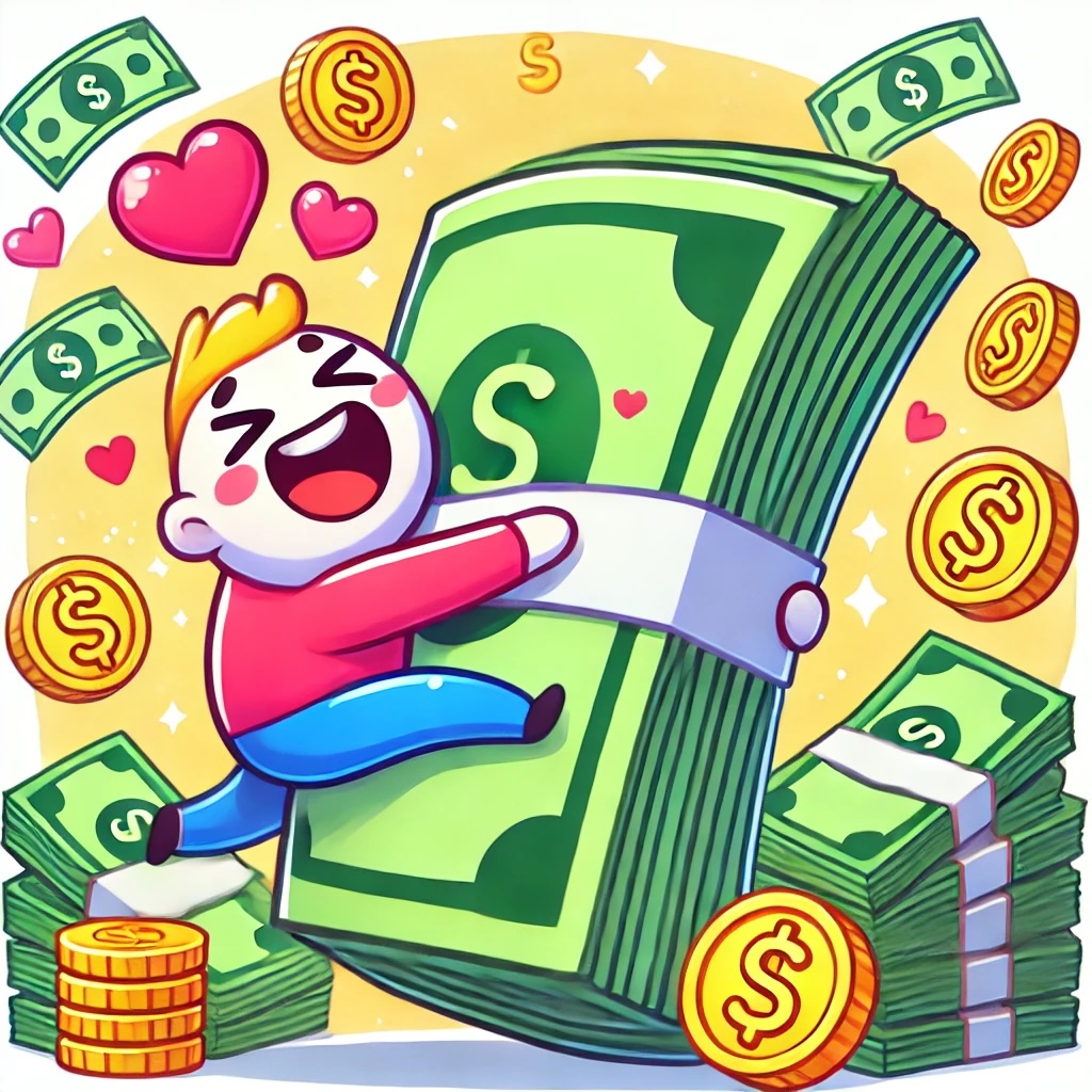 A cartoon image representing the love of money, with a playful character affectionately hugging a giant stack of money, surrounded by hearts and dollar signs. The scene captures a fun and exaggerated depiction of this theme.